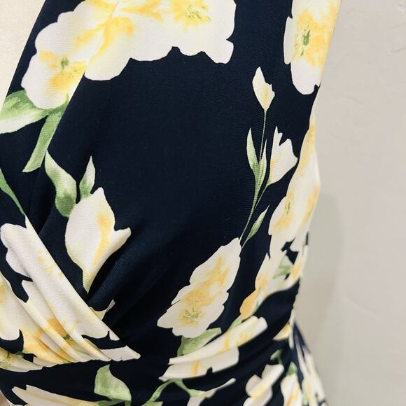 Lauren Ralph Lauren Dress Women 6 Navy Blue Yellow Floral V-Neck (A0132) - Picture 2 of 6
